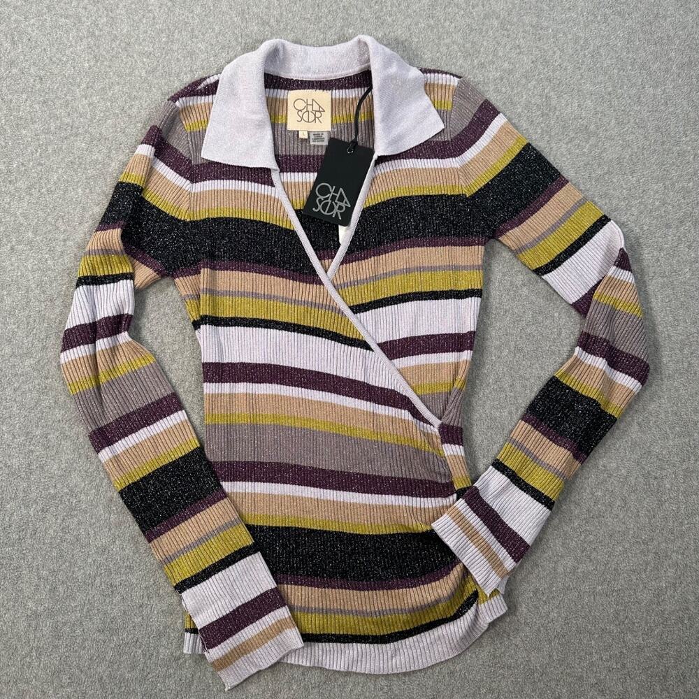 Chaser Stripe Sweater Women's Large Ribbed Knit Shimmer Long Sleeve Collared New